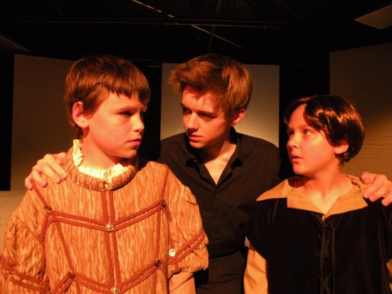 Hamlet lectures Rosencrantz & Guildenstern: Jaxon Beeson, Chris Rodenbaugh, Kennedy Waterman